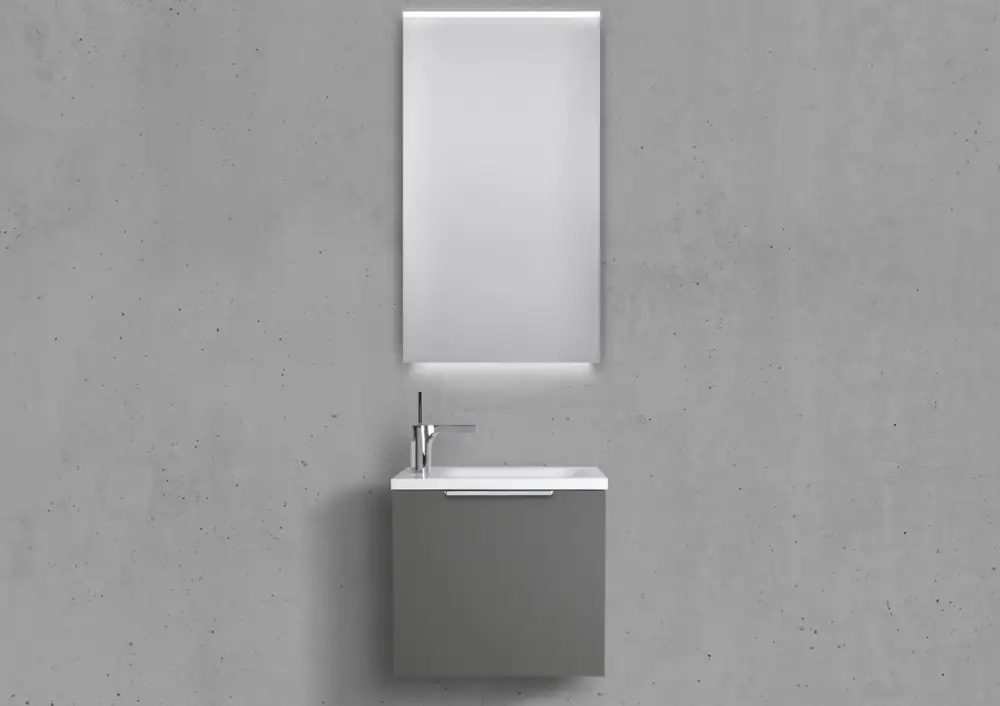 Design Gäste Waschtisch Badmöbel Rimini, Lichtspiegel LED, Grau HG Lack Günstig