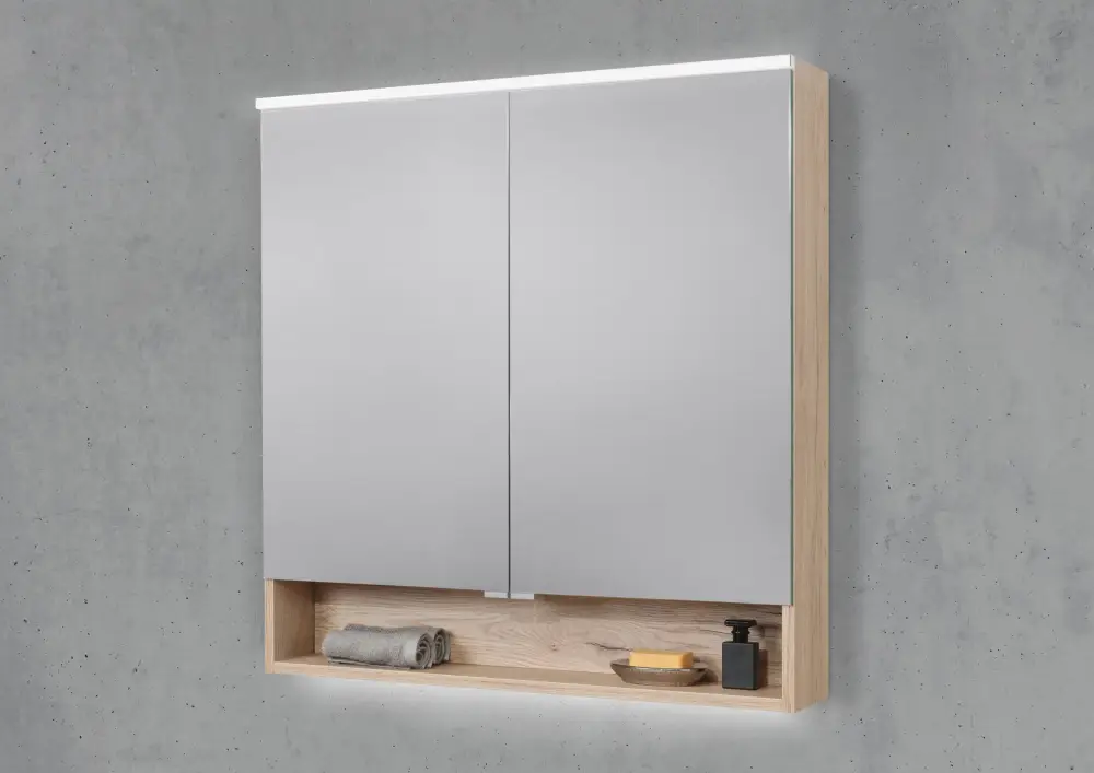 Spiegelschrank 80 cm mit offenem Fach integrierte MULTI Light LED Beleuchtung Doppelspiegeltüren Angebot