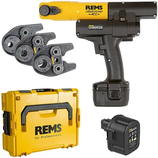 Radial-Pressmaschine Mini-Press ACC + Kunststoff-Systemkoffer + 3 Stk. Presszangen Mini G 16, 20, 26 + 2. Akku 14,4 V Highlight