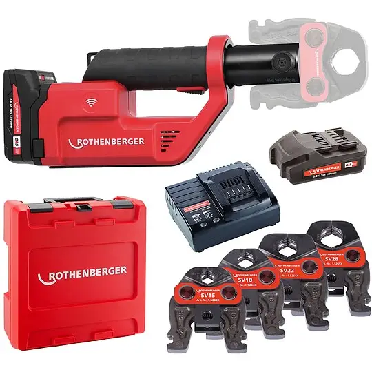 ROTHENBERGER ROMAX Compact 3 inkl. 2 Akkus 2,0 Ah, Schnellladegerät, System-Box und Pressbacken V 15, 18, 22, 28 (SV) Kostenloser Versand