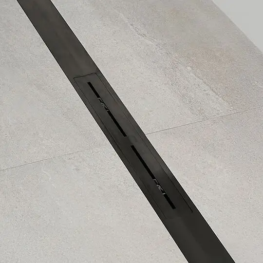 Neue Kollektion Combia Duschrinne flach, drehbarer Doppel-Mittenablauf, Duschprofil Edelstahl schwarz chrom gebürstet, Norm-Siphon, Länge 1200 mm (kürzbar)