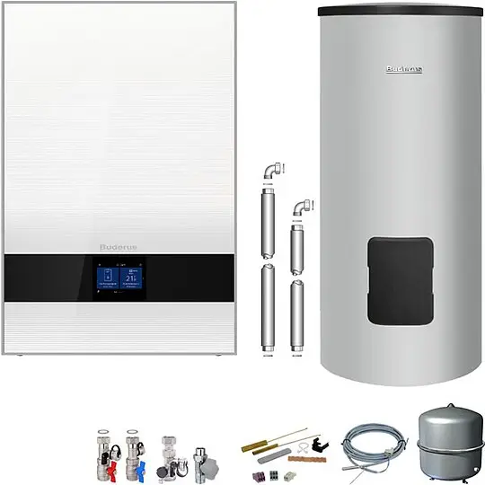 Bestpreis Buderus GB192i.2 Logaplus Gas-Brennwert Paket W50(E) weiß mit Regelung BC400 und Edelstahl-Warmwasserspeicher ESU300 - 35 kW - 7739621182