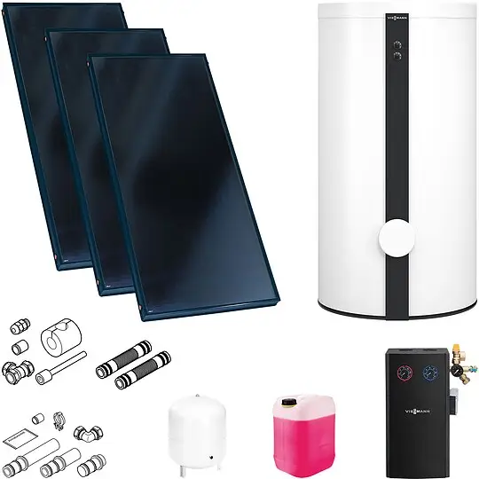 Bestpreis Viessmann Solaranlage mit 3 Stk. Vitosol 200-FM SV2F, Regelung und Solarspeicher Vitocell 100-B CVB 500l weiß - SK05730