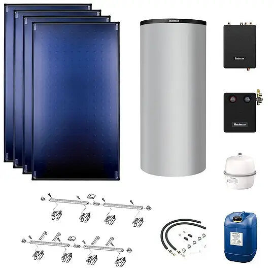 Ausverkauf Buderus Solaranlage Logaplus S94 - 4 Kollektoren (10,2m²) SKT1.0-s mit Pufferspeicher PNR750 silber und Frischwasserstation - 7739613001