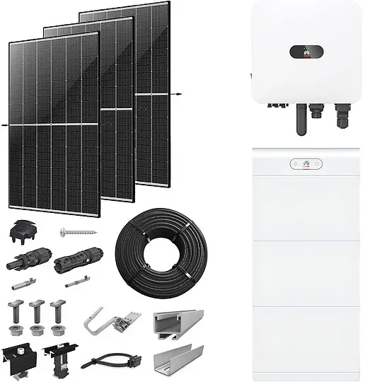 Ausverkauf PV-Komplettanlage 5 kWp mit Huawei Wechselrichter 5 kW + Stromspeicher 21,0 kWh, 12 Solarmodulen Glas-Glas black frame & Montagesystem Aufdach