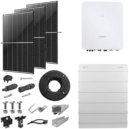 PV-Komplettanlage 5 kWp mit Sungrow Wechselrichter 5 kW + Stromspeicher 16,0 kWh, 12 Solarmodulen Glas-Glas black frame & Montagesystem Aufdach Mega-Angebot