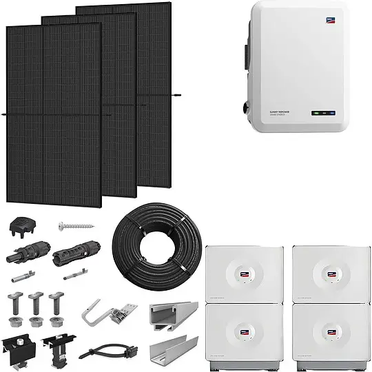 Echt PV-Komplettanlage 8 kWp mit SMA Wechselrichter 8 kW + Stromspeicher 13,12 kWh, 20 Solarmodulen full black & Montagesystem Aufdach