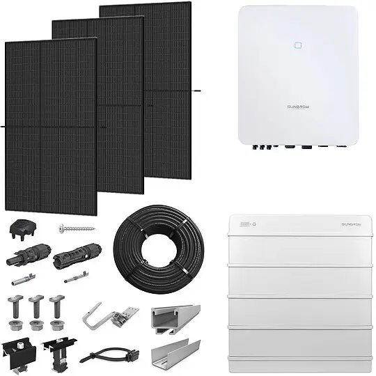 Nur Heute PV-Komplettanlage 8 kWp mit Sungrow Wechselrichter 8 kW + Stromspeicher 12,8 kWh, 20 Solarmodulen Glas-Glas full black & Montagesystem Aufdach