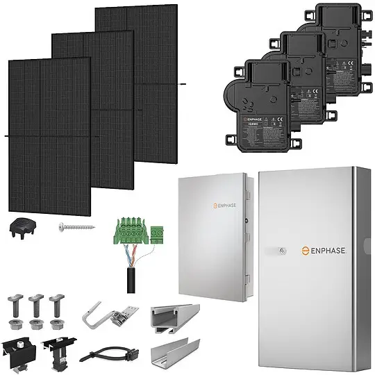 Kostenfreie Lieferung PV-Komplettanlage 12 kWp mit Enphase Mikrowechselrichtern + Stromspeicher 15,0 kWh, 30 Solarmodulen Glas-Glas full black & Montagesystem Aufdach