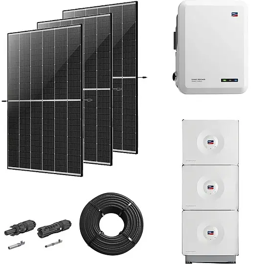 Direktkauf Photovoltaik-Paket 5 kWp mit SMA Wechselrichter 5 kW + Stromspeicher 9,84 kWh, 12 Solarmodulen black frame