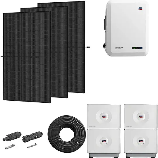 Geprüft Photovoltaik-Paket 5 kWp mit SMA Wechselrichter 5 kW + Stromspeicher 13,12 kWh, 12 Solarmodulen full black