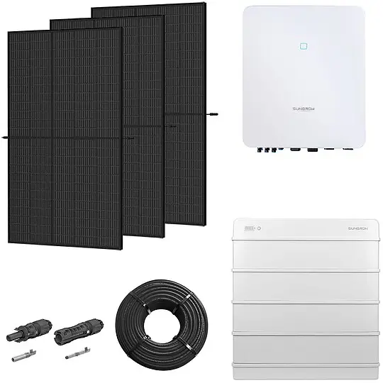 Sonderaktion Photovoltaik-Paket 5 kWp mit Sungrow Wechselrichter 5 kW + Stromspeicher 12,8 kWh, 12 Solarmodulen Glas-Glas full black