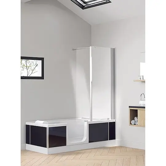 Badewanne Kinedo Duo-Eck mit Duschbereich rechts, Glasverkleidung, schwarz, 1700 x 590 x 750 mm - D4-1775-EL-GS-DK Preiswert
