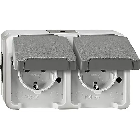 Sale Schuko-Doppelsteckdose Aquastar Merten, IP44, lichtgrau, waagrecht - 2-fach
