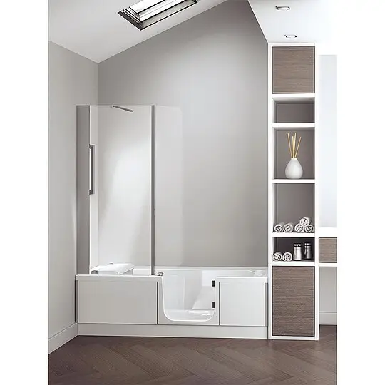 Badewanne Kinedo Duo-Eck mit Duschbereich links, Glasverkleidung, weiß, 1600 x 590 x 750 mm - D4-1675-ER-GW-DK Günstig