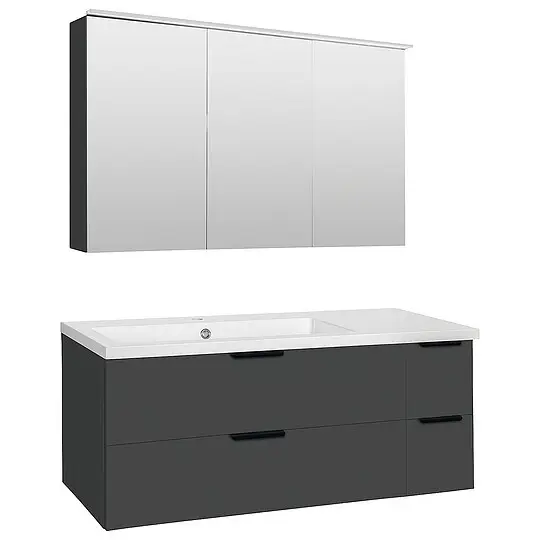Neue Ware Badmöbel-Set LOSSA mit LED-Spiegelschrank anthrazit Hochglanz, 4 Auszüge, Breite 1210 mm