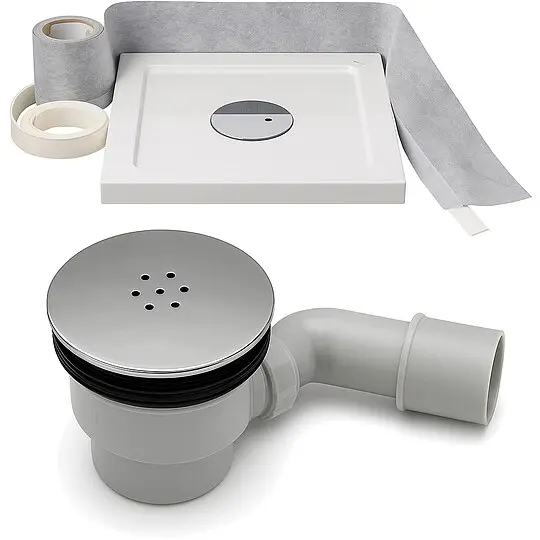 Combia Ablaufgarnitur mit Duschwannen Abfluss, Edelstahl-Cover chromfarbene Abdeckung Ø 90 x 50 mm, mit Dicht- und Schutzband 4m Neuheit