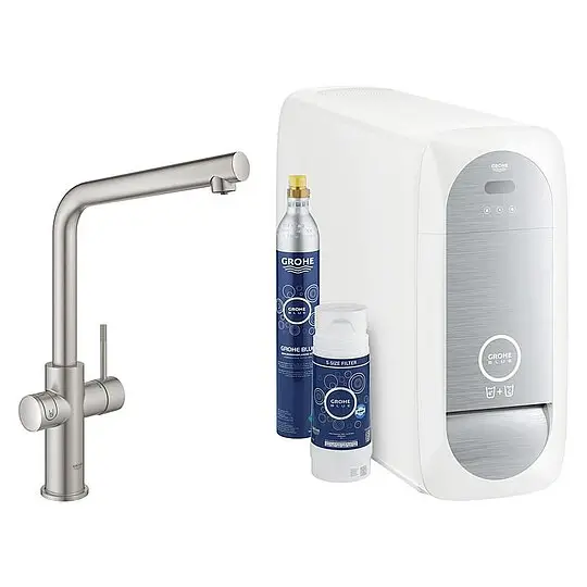 Direkt Vom Hersteller Spültischmischer Grohe Blue Home Starter Kit, L-Auslauf supersteel mit Filter S-Size, CO2 Flasche und Kühler - 31454DC1
