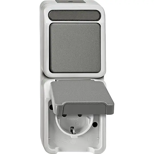 Günstig Schuko-Steckdose/Wechselschalter Aquastar Merten, lichtgrau, Berührungsschutz - 167 x 73 x 57 mm