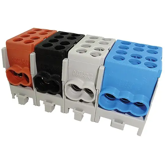 Günstig Hauptleitungs-Abzweigklemme - braun, schwarz, blau, grau 8x Eingang 25 mm² / 10x Ausgang 16 mm²
