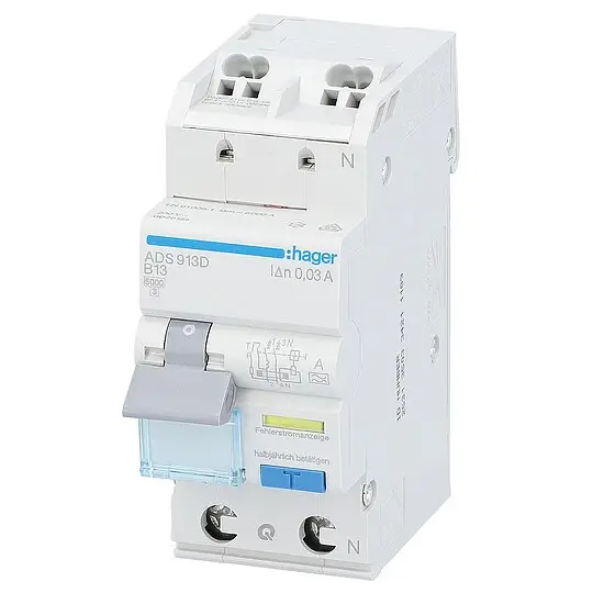FI/LS-Schutzschalter Hager 1p+N,Typ A,B13A,30 mA,6 kA, ADS913D,QuickConnect Kostenloser Rückversand
