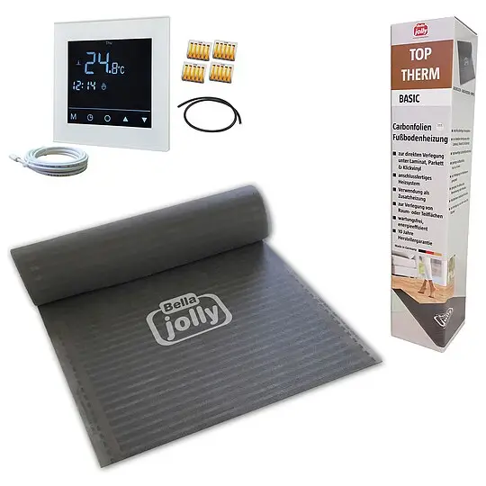 Kostenloser Rückversand jollytherm Carbonfolienheizung-Set Top-Therm BASIC 1,25 m² - Heizmatte 2,5 x 0,5 m inkl. Anschlussleitung und Thermostatregler comfort