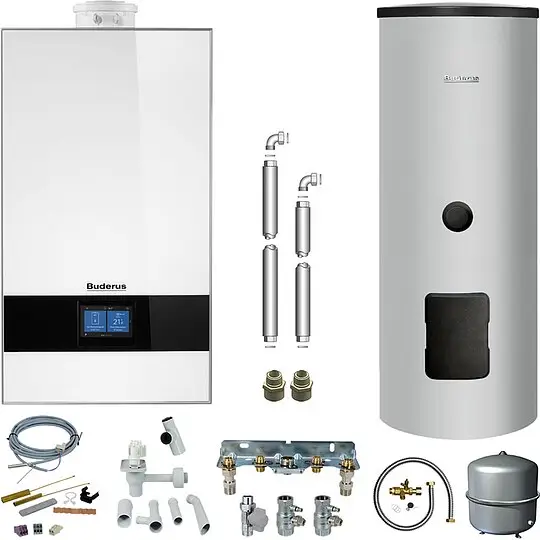 Wochenendangebot Buderus GB182i.2 Logaplus Gas-Brennwert Paket W46S weiß mit Regelung BC400 und Solar-Warmwasserspeicher SM310 - 20 kW - 7739621388