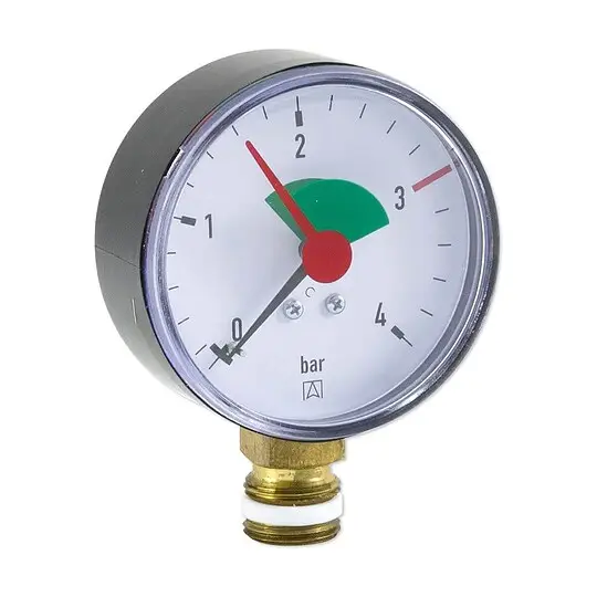 Bestpreis AFRISO Manometer HZ 63 - Anschluss radial 3/8'' AG selbstdichtend, Anzeige 0-4 bar, rote Markierung bei 3,0 bar