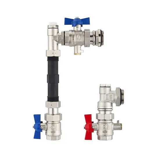 Billig Anschluss-Set für Wärmezähler mit 3/4 Zoll-Gewinde - 110 mm - Winkelform