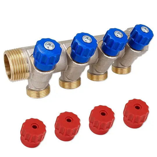 Schnäppchen Messing-Verteiler 1''IG x 1''AG - 4 Abgänge Eurokonus 3/4''AG - mit Absperrventilen