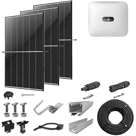 Günstig PV-Komplettanlage 5 kWp mit Huawei Wechselrichter 5 kW, 12 Solarmodulen Glas-Glas black frame & Montagesystem Aufdach