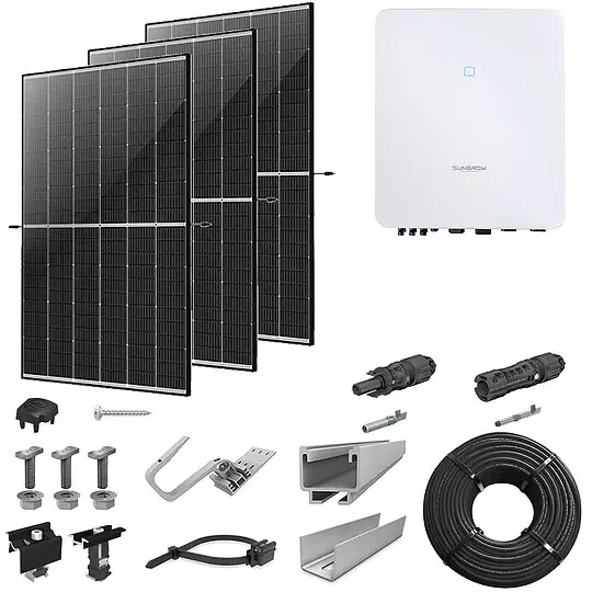 Saisonangebot PV-Komplettanlage 5 kWp mit Sungrow Wechselrichter 5 kW, 12 Solarmodulen Glas-Glas black frame & Montagesystem Aufdach