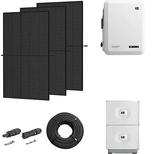 Photovoltaik-Paket 5 kWp mit SMA Wechselrichter 5 kW + Stromspeicher 6,56 kWh, 12 Solarmodulen full black Begrenztes Angebot