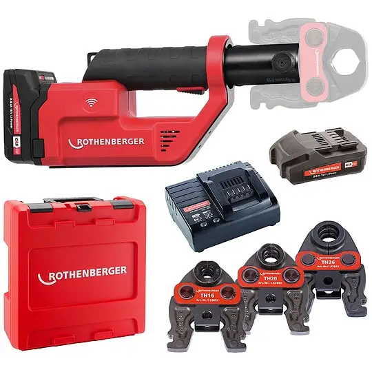 ROTHENBERGER ROMAX Compact 3 inkl. 2 Akkus 2,0 Ah, Schnellladegerät, System-Box und Pressbacken TH 16, 20, 26 Top-Preis