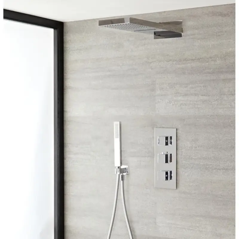 Duschsystem mit Thermostat und Umsteller– mit schmalem Wasserfall-Duschkopf und Handbrauseset - Chrom – Kubix Highlight