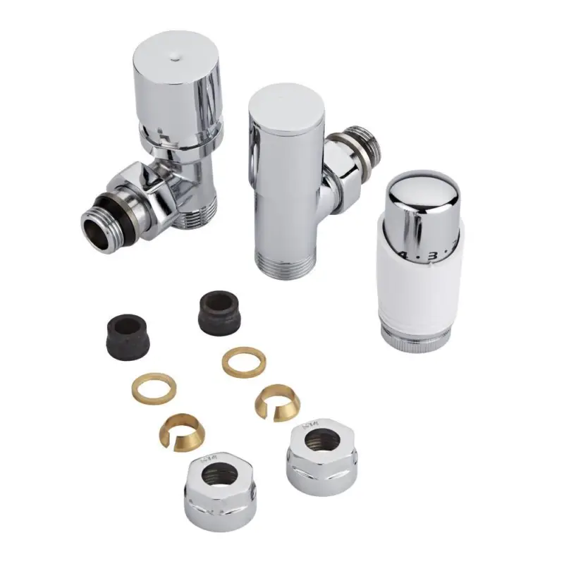 Günstig Heizkörperwinkelventil Thermostatisch Weiß inkl. Multiadapter für 14mm Kupferrohre im Set