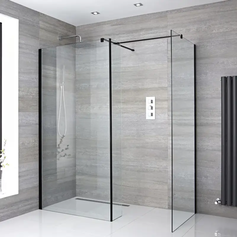 Top-Preis Walk-In Dusche mit Seitenpaneel, Schwarz, für Eckeinbau - Breite und Duschrinne wählbar – Nox