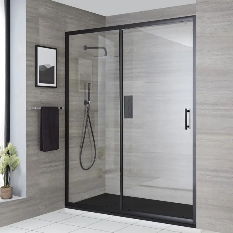 Einbau-Schiebetür mit Duschwanne im Schiefer-Effekt, Schwarz, Größe wählbar - Nox Top-Angebot