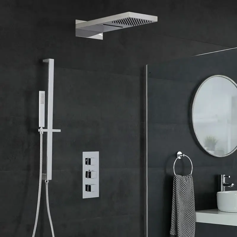 Eckiges Dusch-Thermostat mit Umsteller, Wasserfall-Duschkopf und Brausestangenset, Chrom - Kubix Gratis Versand
