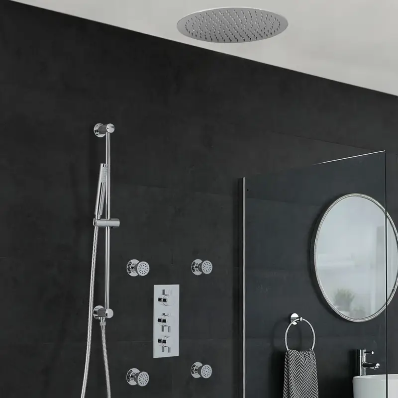 Jetzt Bestellen Rundes Dusch-Thermostat mit Umleiter, 400mm Decken-Duschkopf, Massagedüsen und Brausestangenset, Chrom - Como