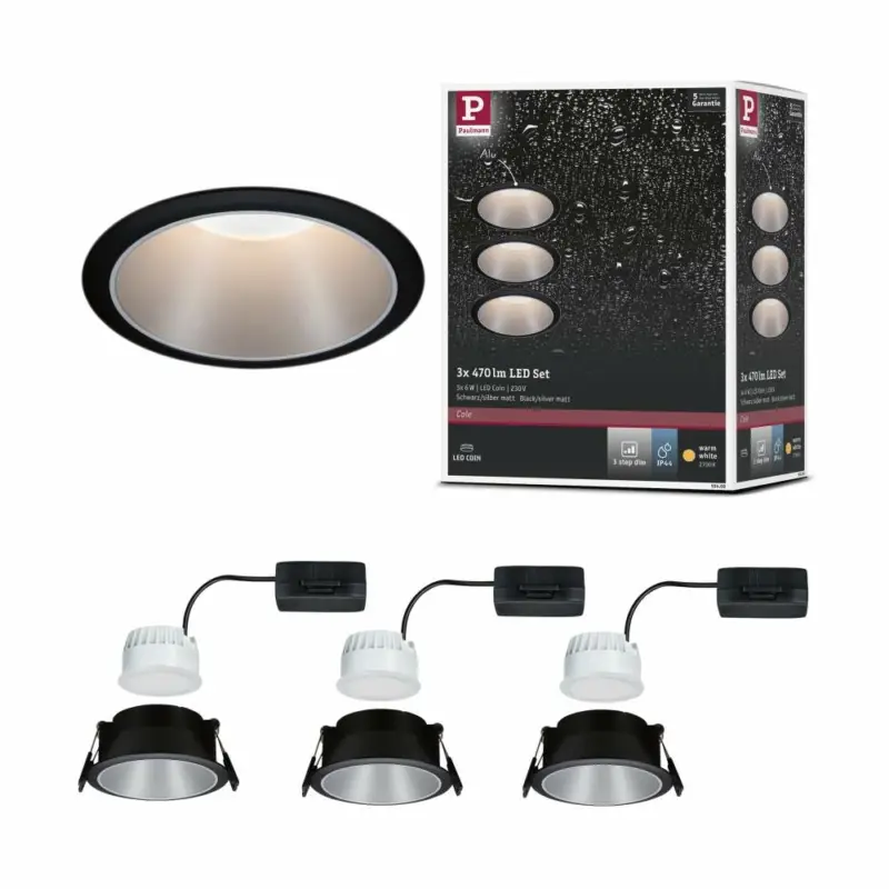 Paulmann LED Einbauleuchte Cole Coin Schwarz/Silber 3er-Set 6W 470lm 2700K IP44 3-Step-Dim Neu Im Sortiment