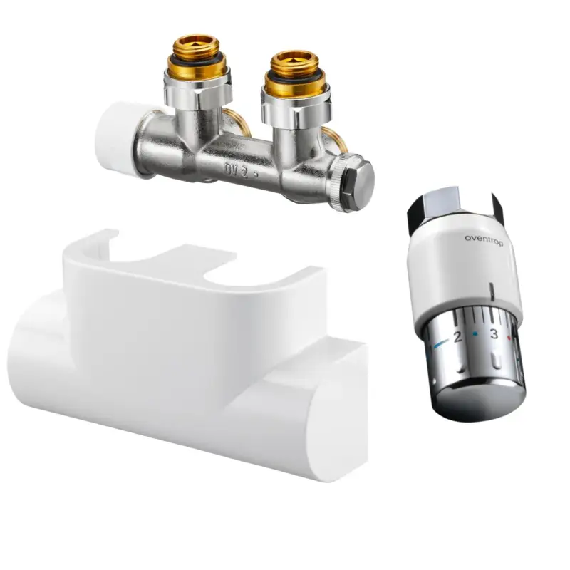 Online Kaufen Design in Bad Anschlussgarnitur inkl. Thermostat für Heizkörper mit 50 mm Anschluss Eckform „Multiblock T“ in weiß