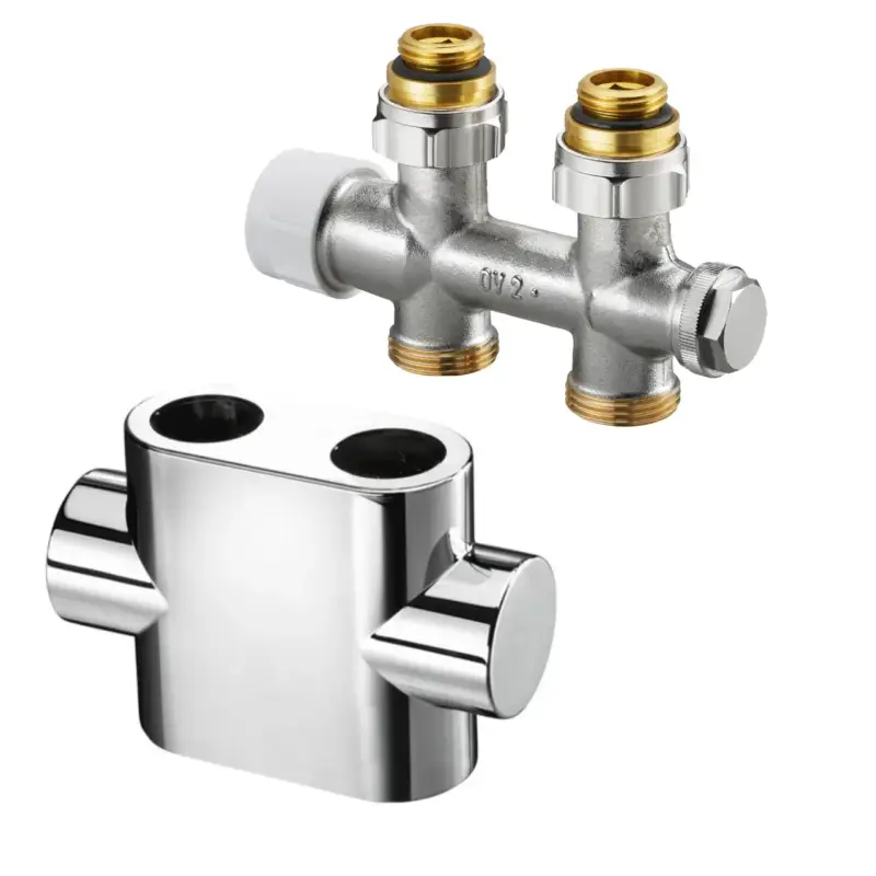 Design in Bad Anschlussgarnitur für Heizkörper mit 50 mm Anschluss Durchgangsform „Multiblock T“ in chrom Sonderangebot