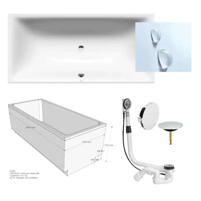 Neu Set Badewanne Silenio 170 × 75 cm mit Perleffekt inkl. Viega-Ablauf und Träger,
