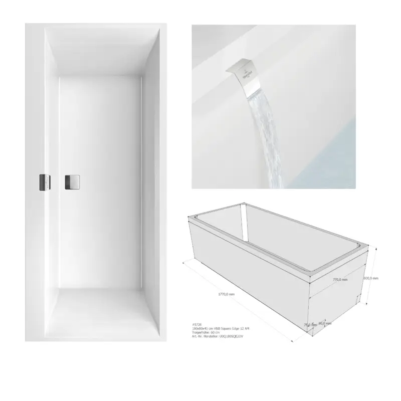 Preisreduziert Villeroy & Boch Badewanne inkl. Wannenträger, Ab-& Überlaufgarnitur und Wasserzulauf „Squaro Edge 12“ rechteck 180 × 80 cm