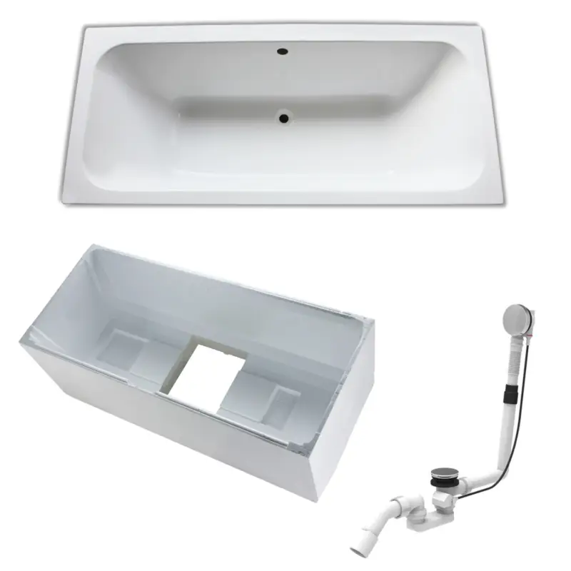 Set Badewanne Badewanne 180 × 80 cm mit Ablauf und Wannenträger, ,, , Geprüft