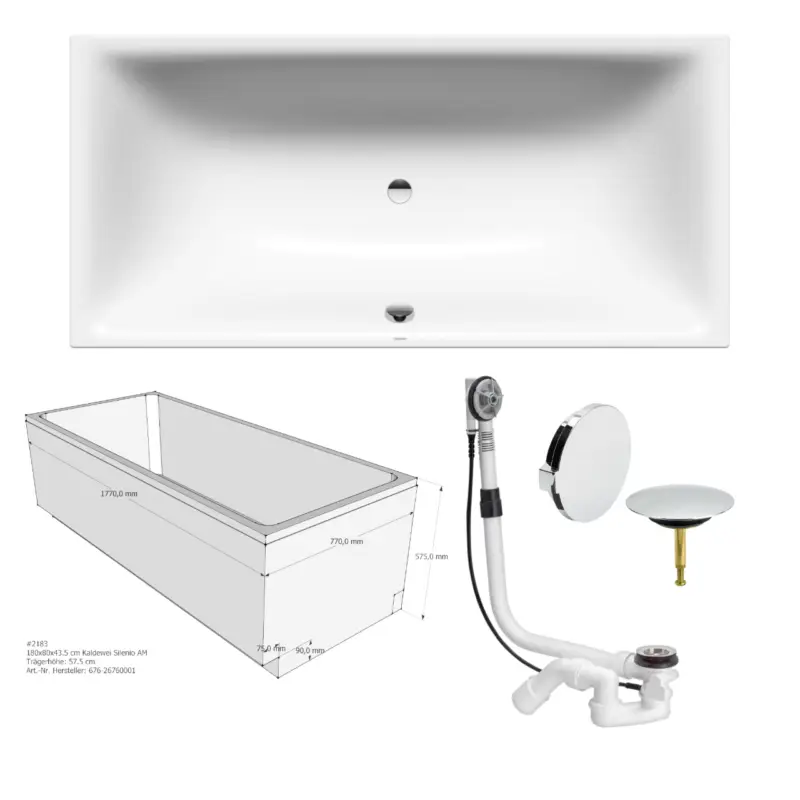 Set Badewanne Silenio 180 × 80 cm mit Träger und Viega-Ablauf Heißes Angebot