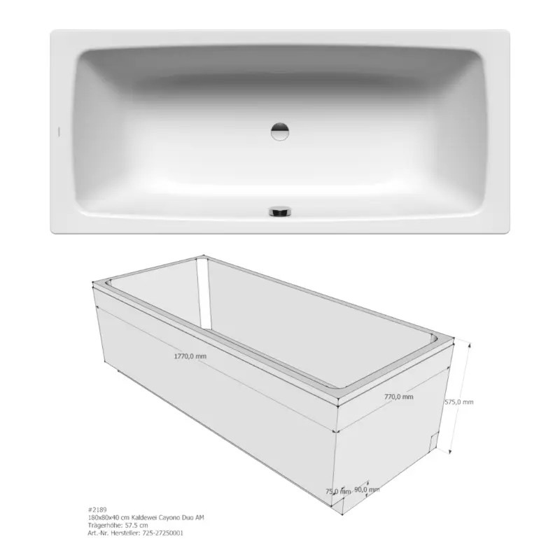 Knallerangebot Kaldewei Badewanne „Cayono Duo“ 180 × 80 cm, ohne Grifflochbohrungen mit Wannenträger als Set