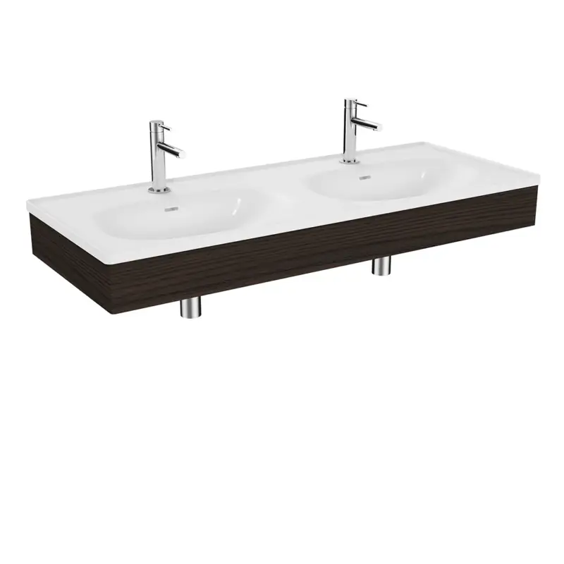 Equal Set Doppelwaschtisch 130 cm mit Holzblende 2 Becken 2 Hahnlöcher Weiß Hochglanz mit Oberflächenveredelung Clean/Ulme Online Kaufen
