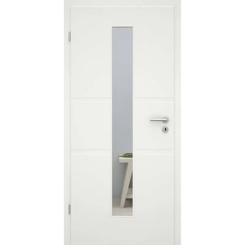 Abverkauf Zimmertür mit Zarge und Lichtausschnitt soft-weiß 2 breite Rillen Eckkante - Modell Designtür QB21LAM